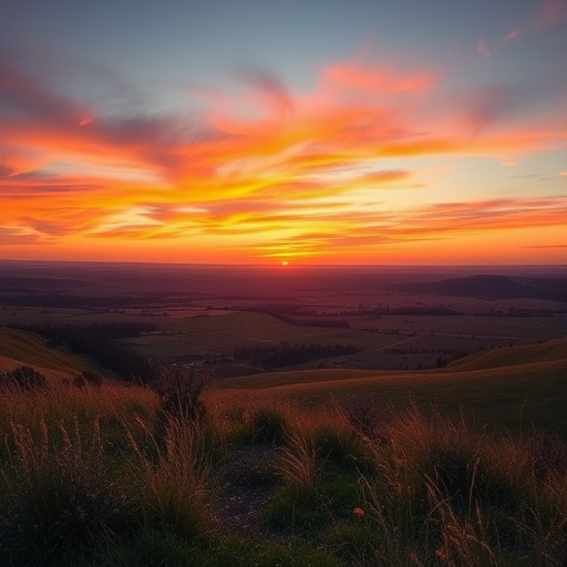 Create a high-resolution image of a serene landscape at sunset with vibrant colors, using a 24mm lens, aperture f/8, ISO 100, shot from a low angle in a panoramic view, utilizing a DSLR camera for enhanced clarity and depth of field.