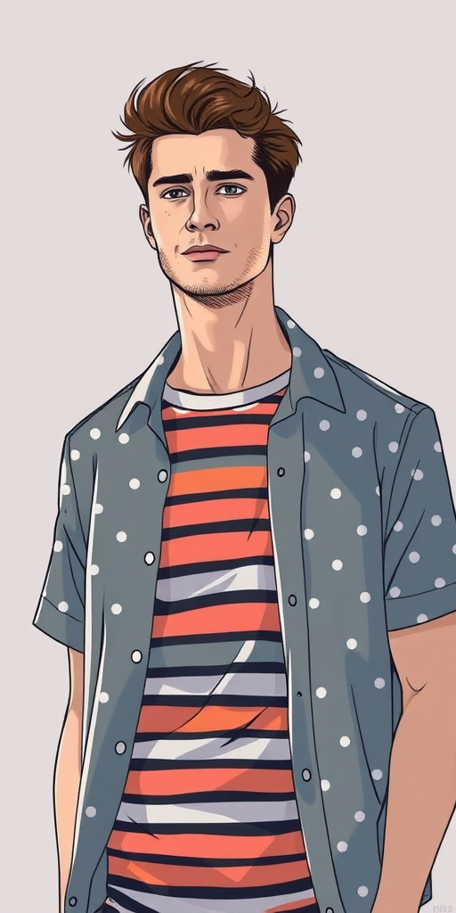 Create a detailed illustration of a male figure wearing a polka dot shirt over a striped t-shirt, with a plain background, shot with a Canon EOS R5, 50mm lens, aperture f/1.8, ISO 100, in natural light to enhance colors and textures.
