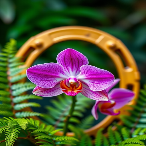 create an image of a vibrant orchid flower with lush green ferns placed in front of a golden horseshoe, use a macro lens with f/2.8 aperture, 50mm focal length, and soft natural lighting to enhance colors and details, shallow depth of field for a blurred background, high-resolution capture