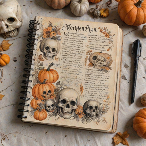 Design a detailed watercolor, vintage-inspired Halloween-themed imagery for a cottagecore junk journal. The design features a spooky yet shabby chic aesthetic with handwritten elements in faded ink, showing slight wear. Include pumpkins, cute ghosts, and adorable skulls alongside autumn florals, all rendered in soft pastel colors like pale orange, cream, and black for accents. The imagery has a slight worn or parchment texture, creating a nostalgic feel. The high-resolution image has no blur, contrast, or grainy textures, and is filled with intricate details in 8k definition.