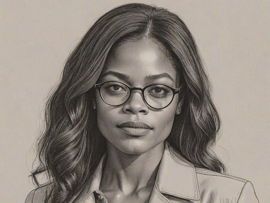Enchanting Naomie Harris, pencil sketch, portrait of Alluring woman 1967s in glasses, hair style beatnik, outline, clear lines, fine lines, 8k