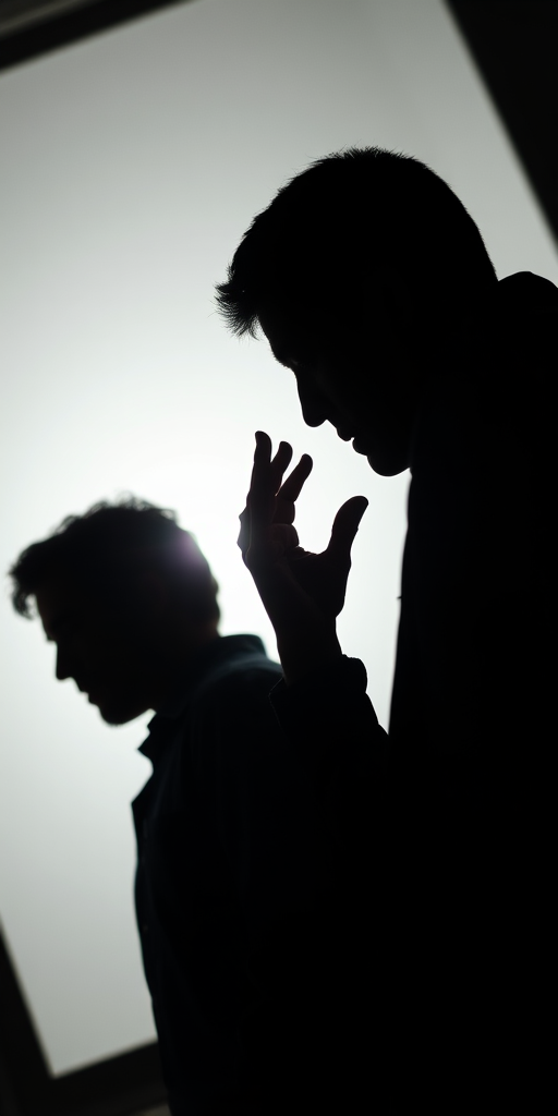 Create a high-contrast silhouette image depicting a man and a woman in a heated argument, using a DSLR camera with a 50mm lens, aperture set to f/1.8, ISO 400, captured from a low angle with soft backlighting to enhance details and create dramatic shadows.