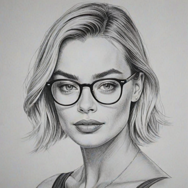 Sublime Margot Robbie, pencil sketch, portrait of Dazzling woman 1927s in glasses, hair style beatnik, outline, clear lines, fine lines, 8k