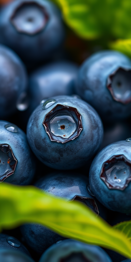 close-up shot of fresh blueberries with water droplets on leaves, shallow depth of field, f/2.8 aperture, ISO 100, 50mm lens, natural light, macro photography.