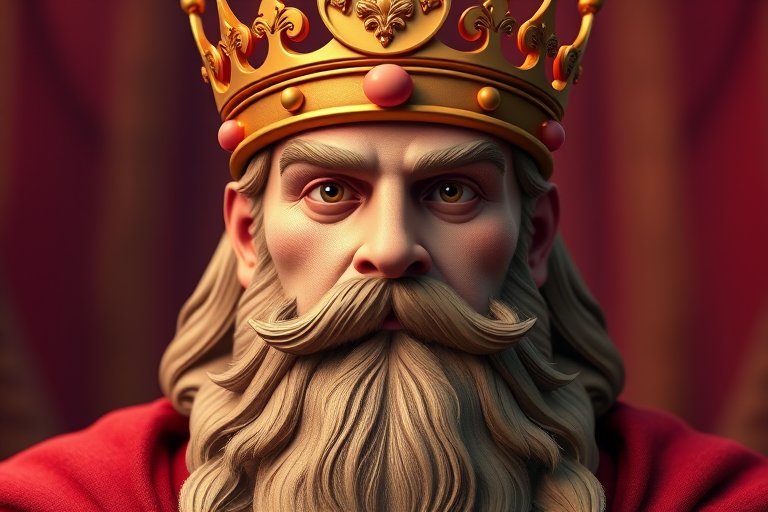 Generate a vibrant 3D illustration of a regal king with a crown and a prominent beard, using a Canon EOS 5D Mark IV with an 85mm f/1.8 lens, shooting from a front view at a shallow depth of field to enhance details and create a blurred background for focus.