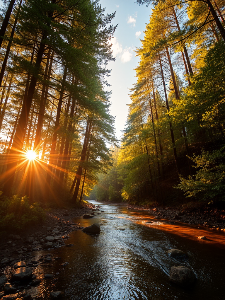 Create an image of a serene, sunlit forest scene with a clear, gently flowing river. Tall trees with lush green foliage line both sides of the river, their leaves bathed in the warm golden light of the setting or rising sun. The sunlight filters through the trees, casting soft, dappled light on the river, which flows over smooth rocks and pebbles, creating a peaceful, natural atmosphere. The sky is bright with a few scattered clouds, and the overall mood is tranquil, evoking a deep sense of connection with nature. The image captures the beauty of a calm, pristine forest landscape at either dawn or dusk.
