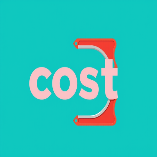 Create a modern flat design illustration of a clamp with the word "cost" prominently displayed in a bold, stylized font, on a vibrant turquoise background, using a Canon EOS R5 camera, 50mm lens, f/2.8 aperture, ISO 100, and a centered composition for optimal clarity.