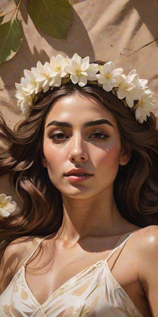 create a watercolor painting of an ethereal portrait of beautiful Assyrian woman with a simple white flower crown on her head. Her hair is long and she is lying on the ground. The sunlight on the trees casts shadows from the leaves on her face and body. The background is a neutral brown color that matches her skin tone. The image is minimalist and solid colors. This style is characterized by soft, delicate brushstrokes and a light, airy, contrasting color palette. High level of detail and play of light