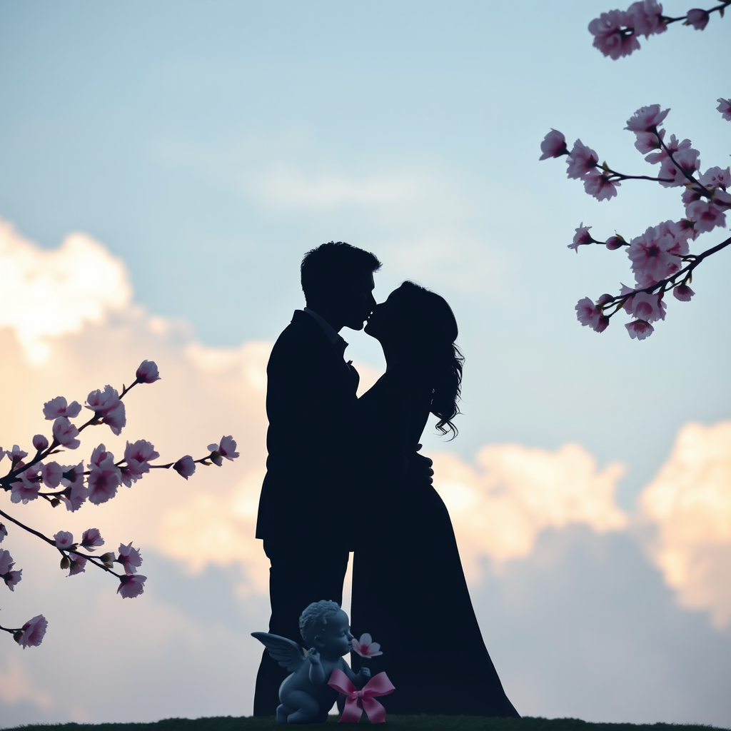 Create an image of a romantic silhouette of a couple kissing against a dreamy sky with clouds, incorporating soft pink cherry blossom branches on one side, a small cherub with a bow on the bottom, using a DSLR camera, focal length of 50mm, aperture set at f/1.8, ISO 100, natural lighting, and a low angle view to enhance depth and detail.