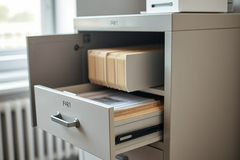 create a high-resolution image of a filing cabinet with two drawers open displaying file folders inside, shot with a DSLR camera at f/8 aperture, ISO 100, with a 50mm lens and soft natural lighting from a window, in a slightly angled view to add depth and detail