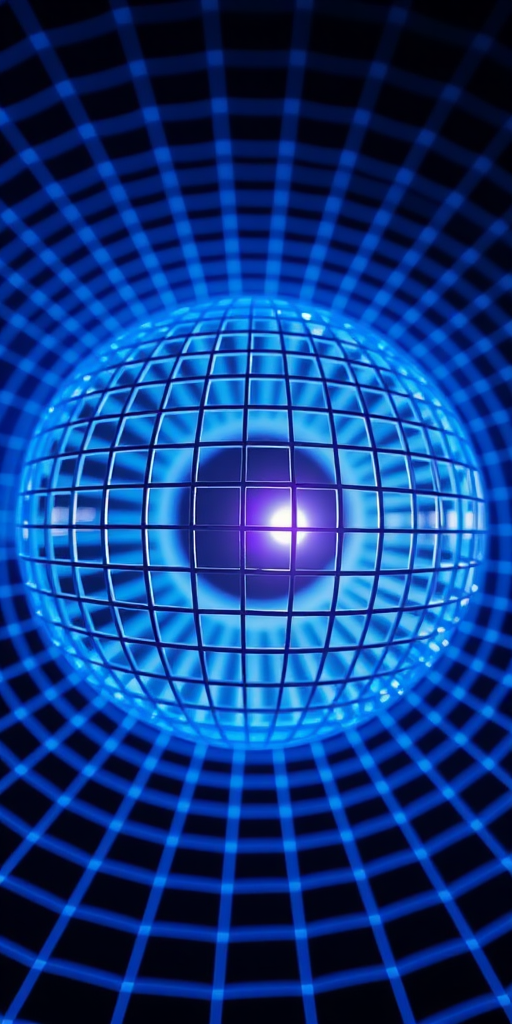 Create a highly detailed 3D render of a blue spherical grid pattern with a glowing center, using a DSLR camera with a 50mm lens, f/1.8 aperture, ISO 100, and a low angle view to enhance depth, utilizing high dynamic range imaging for improved clarity and vibrancy.