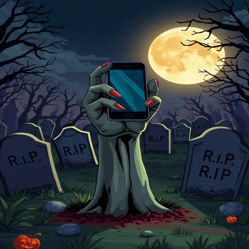 Create a Halloween-themed illustration featuring a graveyard at night, with a zombie hand reaching out from the ground holding a smartphone, a full moon in the background, gravestones with carved names and 'R.I.P', use vibrant colors, high contrast, 4K resolution, shot with a Canon EOS 5D Mark IV, 24mm lens, aperture f/8, ISO 200, and a slight tilt to give a dramatic perspective.