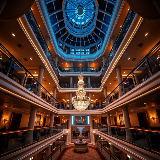 Capture a luxurious atrium of a cruise ship at night with elegant lighting and a stunning chandelier, using a wide-angle lens at f/2.8, ISO 400, shutter speed 1/60s, in HDR style with a DSLR camera.