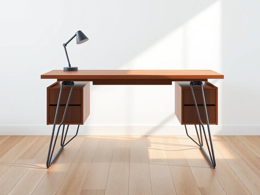 Create a highly detailed digital illustration of a modern desk from a frontal view with a wooden top and metallic gray legs, using a Canon EOS R5 with a 50mm f/1.2 lens, aperture set to f/8, ISO 100, and natural lighting to enhance the clarity and texture of the materials.