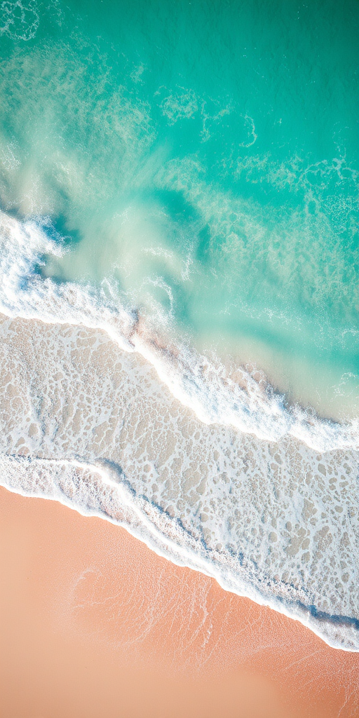 Aerial view of a tropical beach with turquoise waves gently lapping against the shore, bright sunlight illuminating the water, captured with a drone camera, f/4.0 aperture, ISO 100, 1/2000s shutter speed, using a wide-angle lens for enhanced clarity and depth.