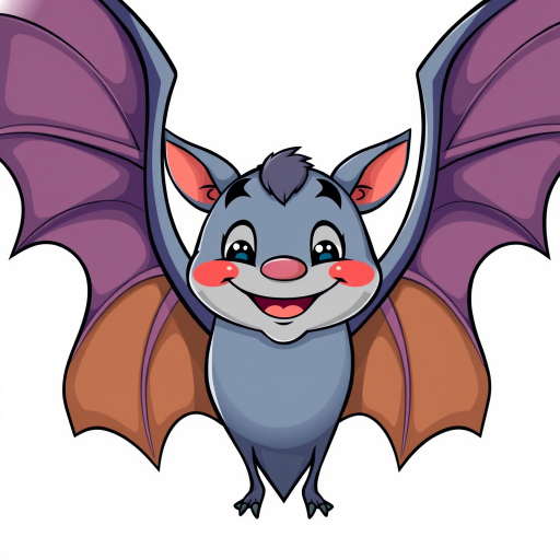 Create a cartoon-style illustration of a bat with a smiling expression, wings spread wide, vector art, with a white background, shot with a Canon EOS R5 at f/4.0, ISO 100, 50mm lens, focusing on vibrant colors and sharp lines.