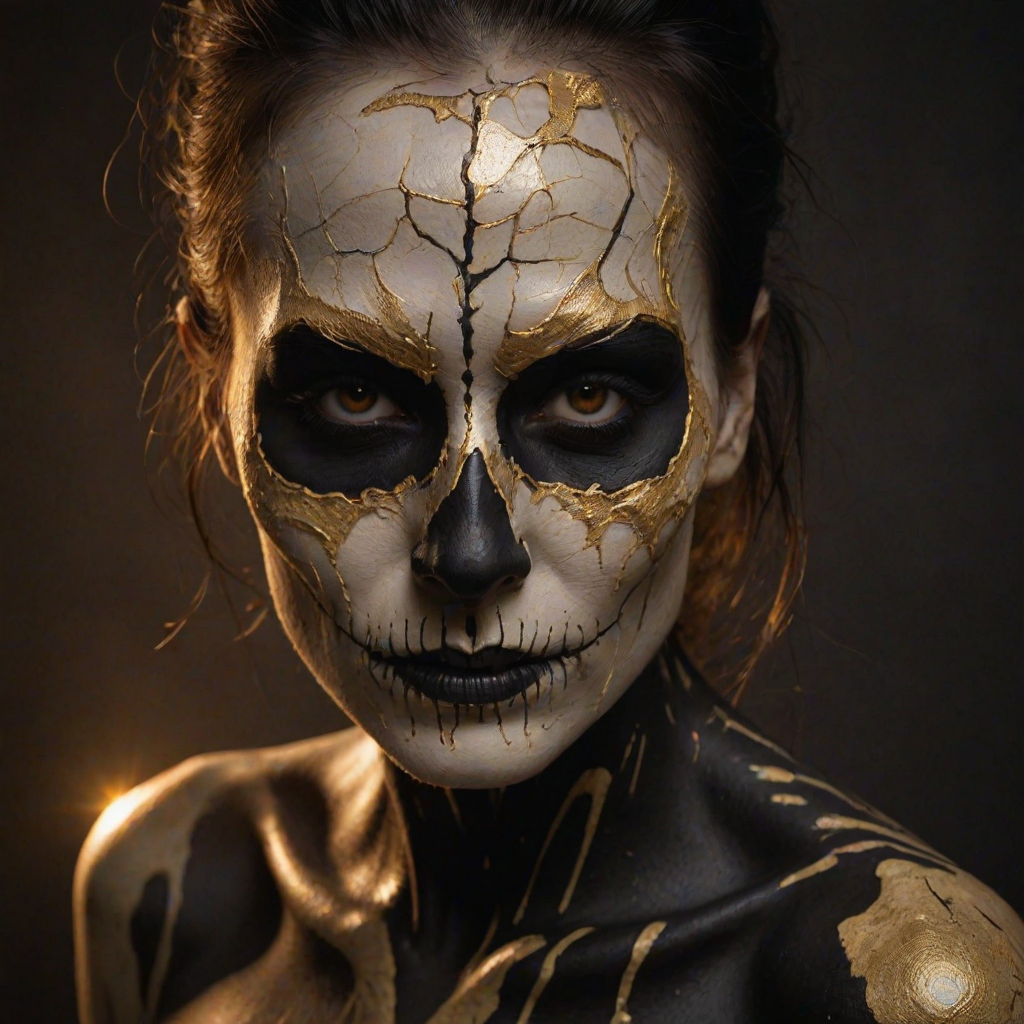 Create image featuring a close-up of a face painted like a skull. The skin is predominantly white with textured, cracked paint. The eye sockets are painted black, blending into the natural shadows of the eyes, creating a deep, hollow look. Bright, intense golden-yellow lights radiate from the eyes, casting a warm glow that contrasts with the cold, esoteric background. The nose is painted black in the shape of a spade. The mouth area features black lines extending from the corners, resembling a stitched effect. The face has sporadic black hair strands that frame it dramatically, adding to the eerie yet captivating feel. The background is blurred and dark, enhancing the focus on the face. Small, glowing orange embers are scattered sporadically across the image, contributing to the mysterious and magical atmosphere. The overall style is hyper-realistic with an emphasis on the contrast between light and dark elements, giving it an almost supernatural