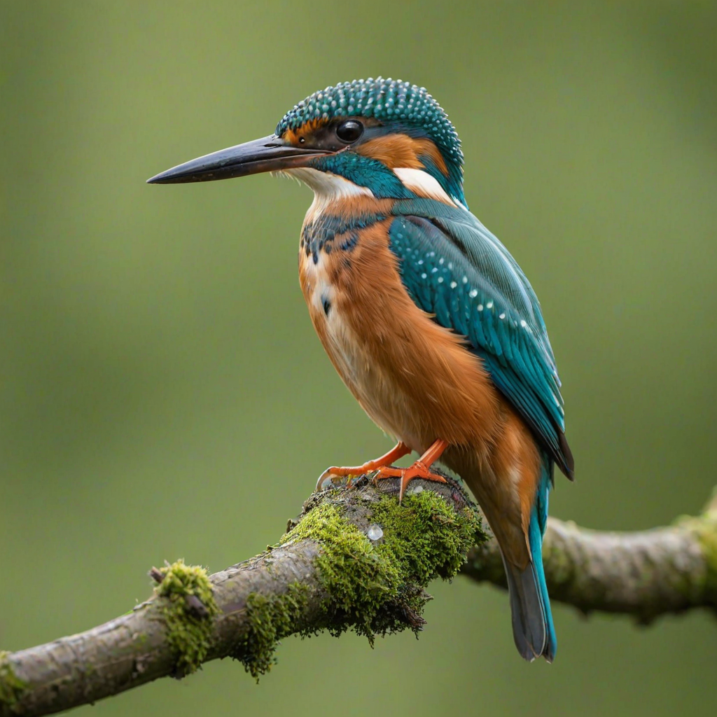 A vibrant kingfisher perched on a branch with a blurred green background, captured with a Canon EOS R5, 85mm lens, aperture f/2.8, ISO 200, shutter speed 1/250s, in soft focus style for enhanced detail and clarity.