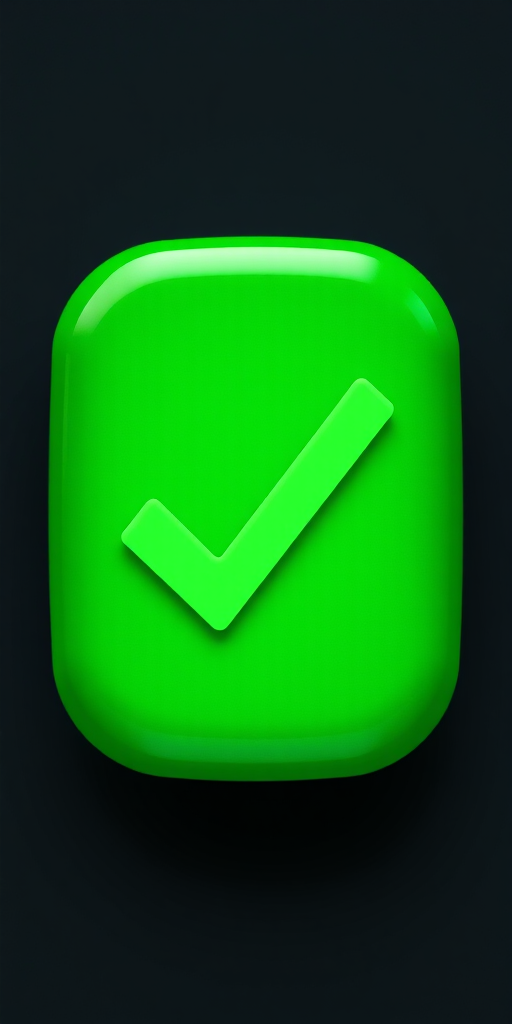 Create a glossy green checkmark button with a subtle 3D effect, using a high-resolution digital camera with a 50mm lens, aperture set to f/2.8, ISO 100, and shot from a straight-on view to enhance clarity and depth.