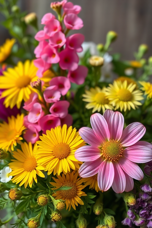 Create a vibrant still life of mixed flowers including pink snapdragons, yellow daisies, and green foliage, captured with a DSLR camera at f/2.8, ISO 100, shutter speed 1/200s, in natural light with a shallow depth of field to emphasize the colors and textures.