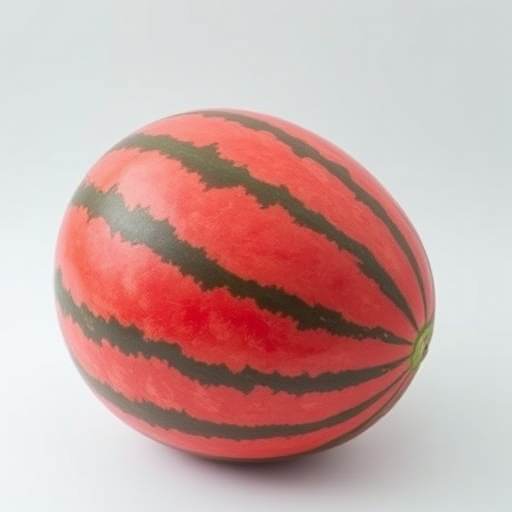 Create a high-resolution image of a watermelon on a white background, taken with a DSLR camera at f/2.8 aperture, ISO 200, and a 50mm lens in natural light, side view to enhance detail and color contrast.