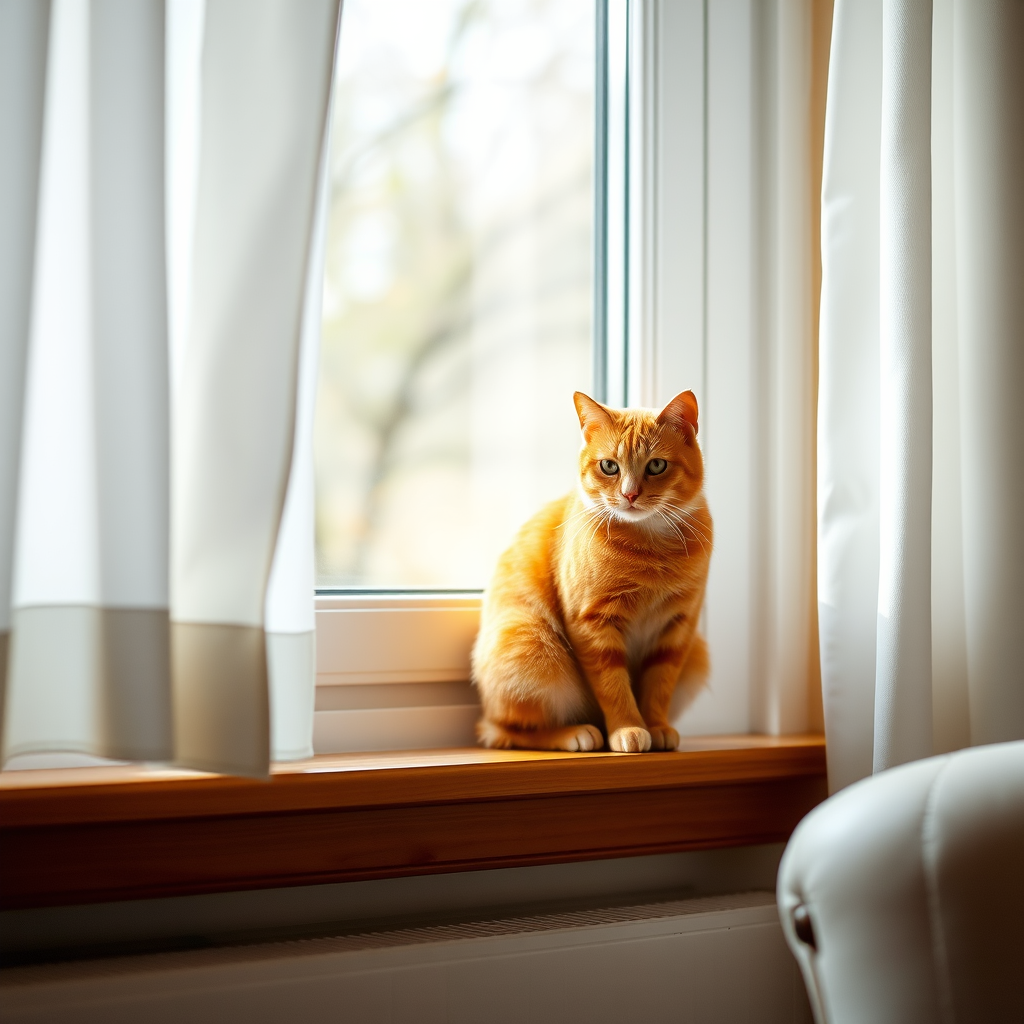 Capture a cozy indoor scene of a ginger cat sitting on a wooden windowsill, with white curtains gently framing the window, natural light streaming in, using a DSLR camera at f/2.8, ISO 100, 1/100 sec, captured in landscape orientation with a soft focus background.
