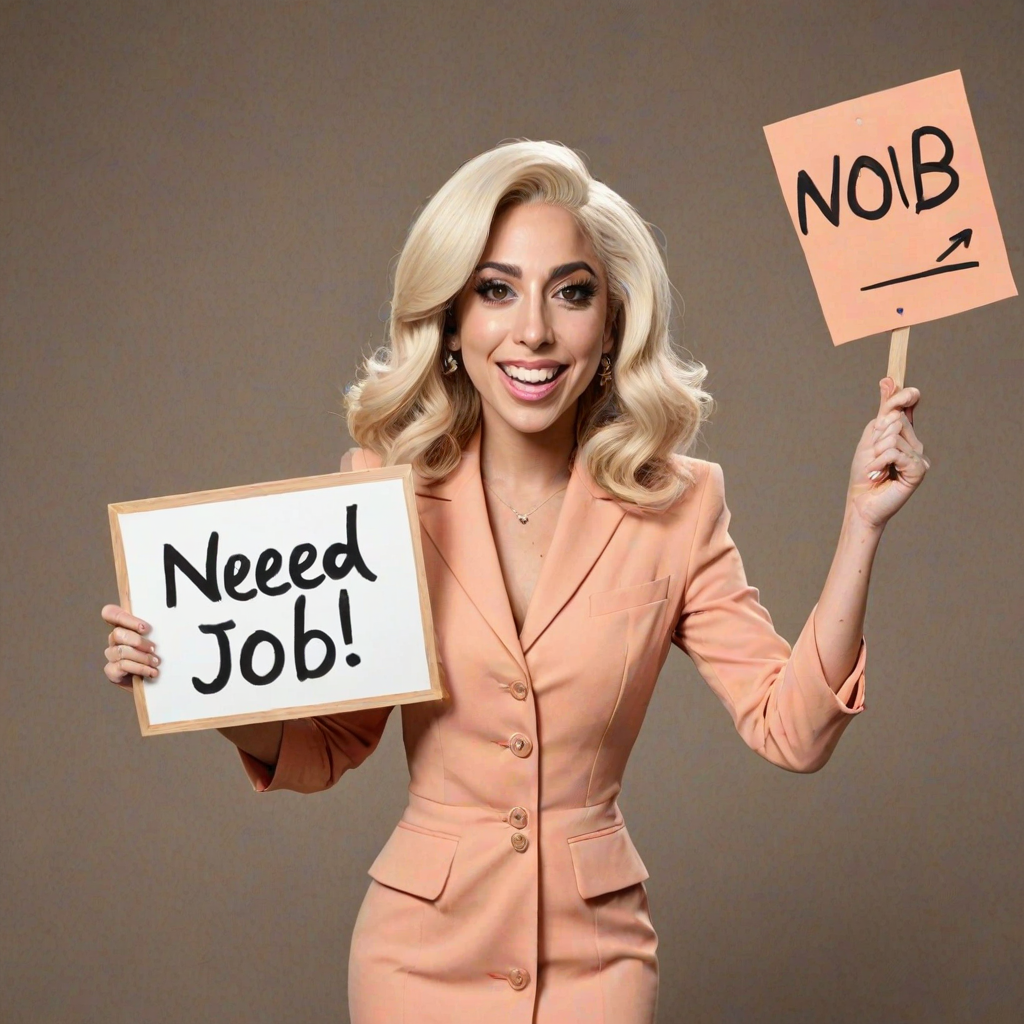 caricature of a smiling Lady Gaga in a Peach dress or suit, holding up a sign that says "NEED A JOB", no watermark,