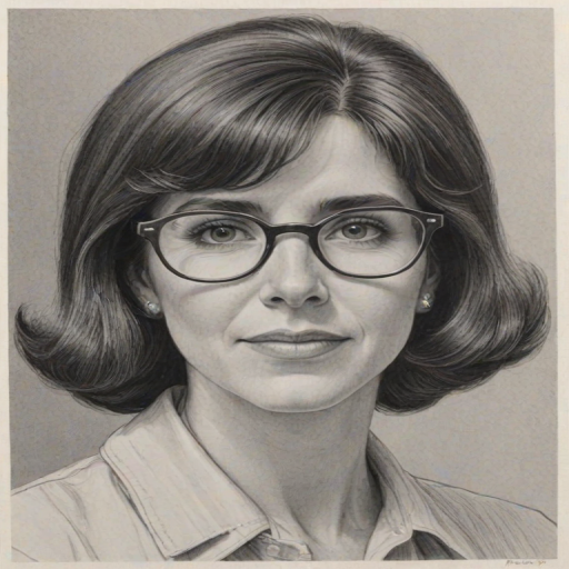 Appealing Julie Kavner, pencil sketch, portrait of Charming woman 1965s in glasses, hair style beatnik, outline, clear lines, fine lines, 8k