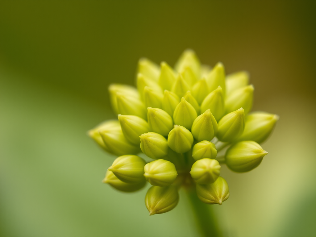 Close-up of a cluster of green flower buds with a blurred background, f-stop at 2.8, ISO 100, shutter speed 1/200s, macro lens, natural lighting, depth of field effect.