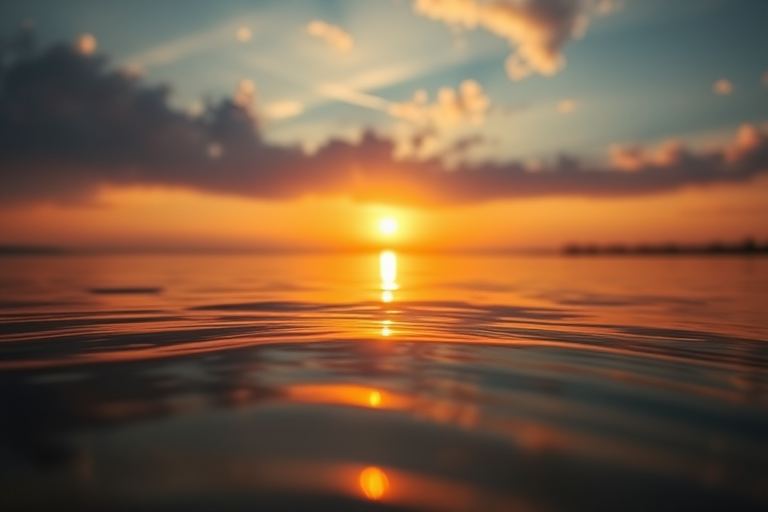 Create an image of a sunset reflecting on water with vibrant golden hues, using a Canon EOS 5D Mark IV, aperture f/11, ISO 100, shutter speed 1/200 sec, landscape view, and a soft focus style for enhanced quality.