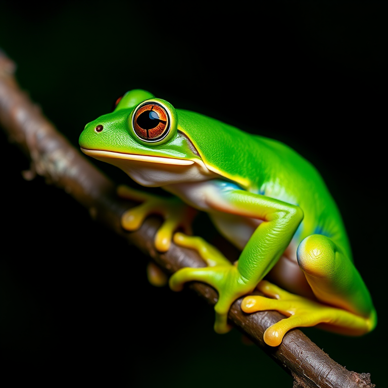 A close-up shot of a vibrant green frog perched on a branch, with a dark blurred background, using a DSLR camera, 50mm lens, f/2.8 aperture, ISO 200, and natural light for enhanced image quality.