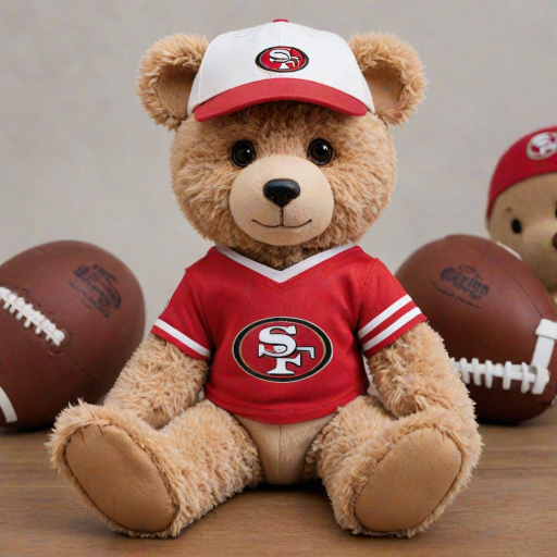 A cute and fluffy teddy bear dressed in a San Francisco 49ers-themed outfit, wearing a red cap with the 49ers logo, aviator sunglasses, and a white football jersey with red accents. The bear is also wearing casual jeans and red and white sneakers, while sitting in a relaxed pose with a football beside it. The teddy bear has a cool, laid-back attitude, with a sporty vibe. The background is clean and minimal, highlighting the bear as the main focus.