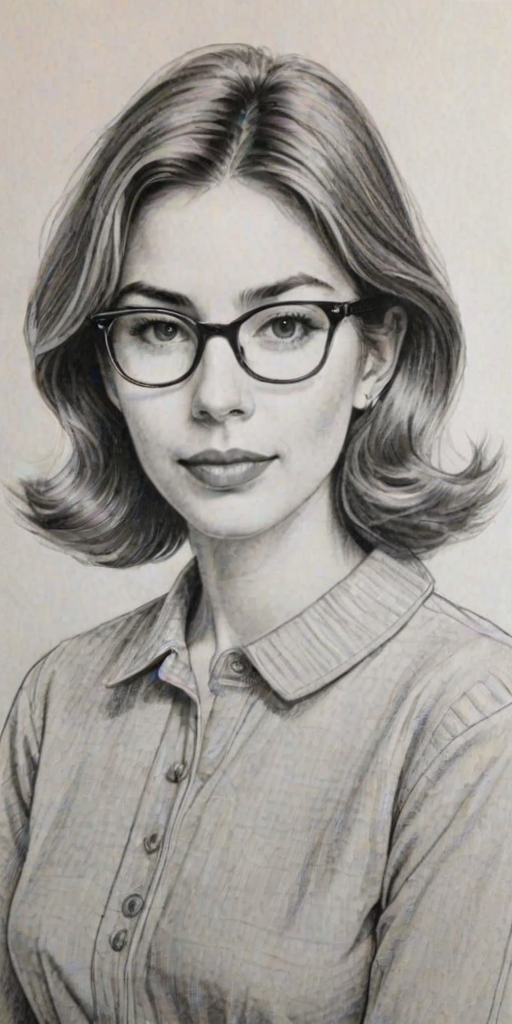 Wonderful Sofia Coppola, pencil sketch, portrait of Charming woman 1956s in glasses, hair style beatnik, outline, clear lines, fine lines, 8k
