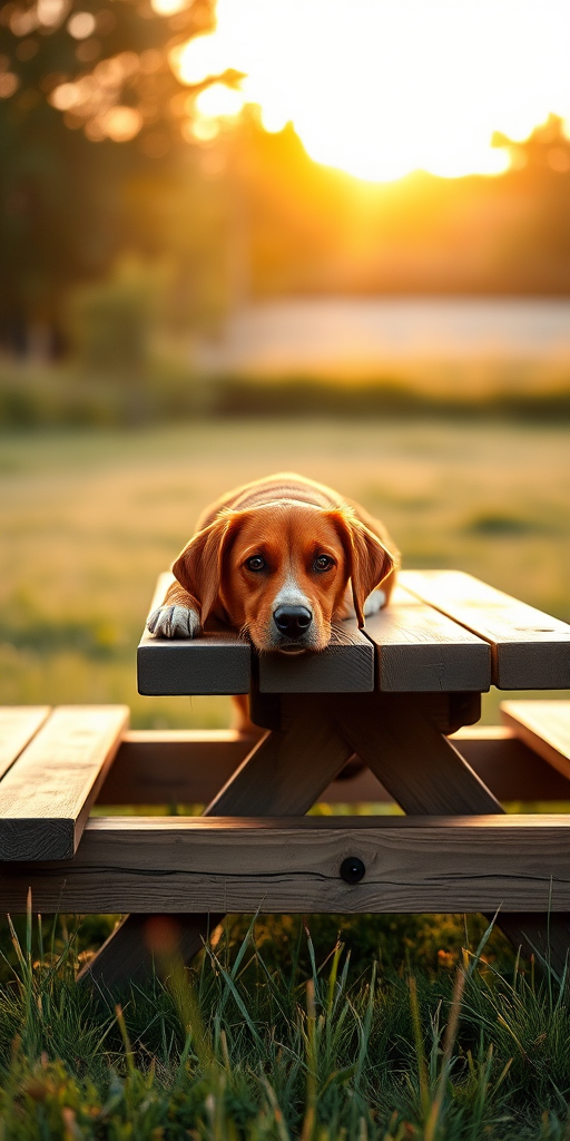 Capture a well-lit photograph of a brown dog lounging on a picnic table in a grassy field during the golden hour, with a depth of field effect, using a DSLR camera with a 50mm lens at f/1.8, ISO 200, shutter speed 1/200s, in portrait orientation.