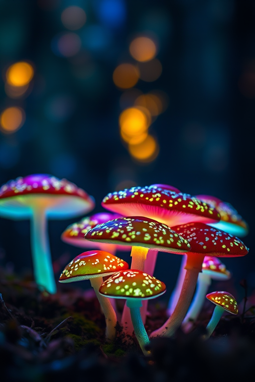 Mushrooms glowing in a mystical forest, vibrant colors with bioluminescent patterns, macro shot with a shallow depth of field, ISO 100, f/2.8, 1/200 sec, taken with a DSLR camera, 50mm lens, soft focus background to enhance foreground details.