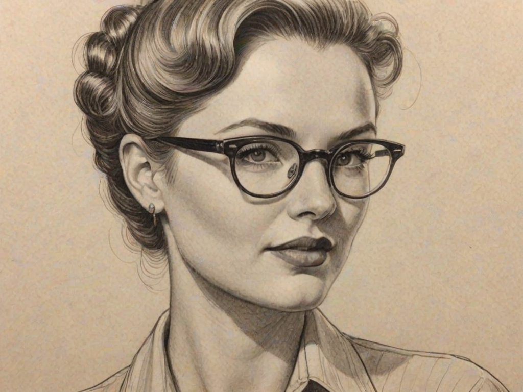 Fascinating Jordan Hinson, pencil sketch, portrait of Gorgeous woman 1940s in glasses, hair style beatnik, outline, clear lines, fine lines, 8k