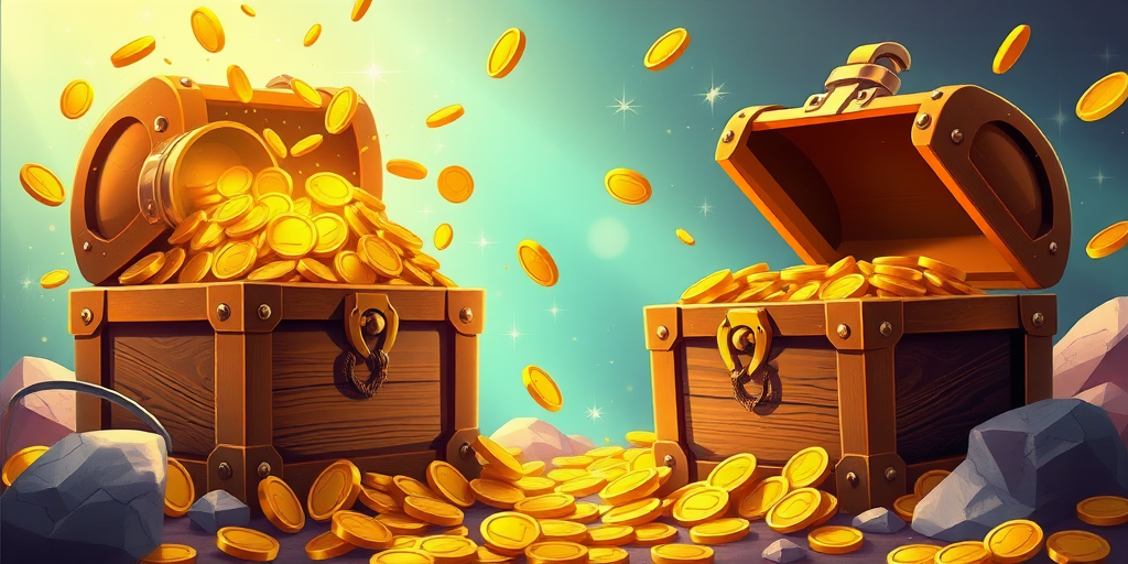 Create a vibrant illustration of an open treasure chest overflowing with gold coins, with sparkling effects to emphasize the treasure, use a 50mm lens, f/2.8 aperture, natural lighting, and capture from a slightly elevated angle for depth.