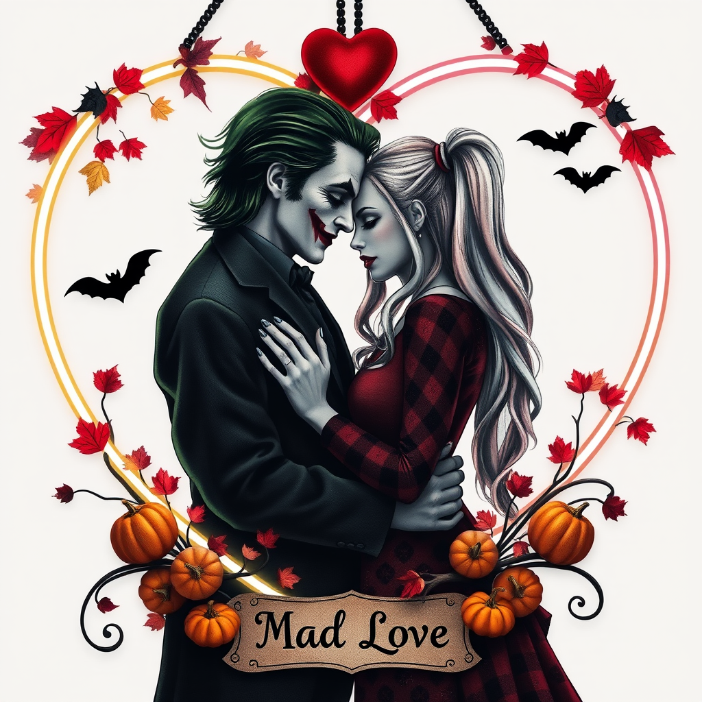The Joker, neat, wearing a black suit and a beautiful Harley Quinn with long hair, both romantic, hugging and cuddling in the middle of a neon linen black heart frame decorated with dead leaves, bats, and small pumpkins, with a label at the bottom that reads 'Mad Love' made of linen, in a photo realistic style.
