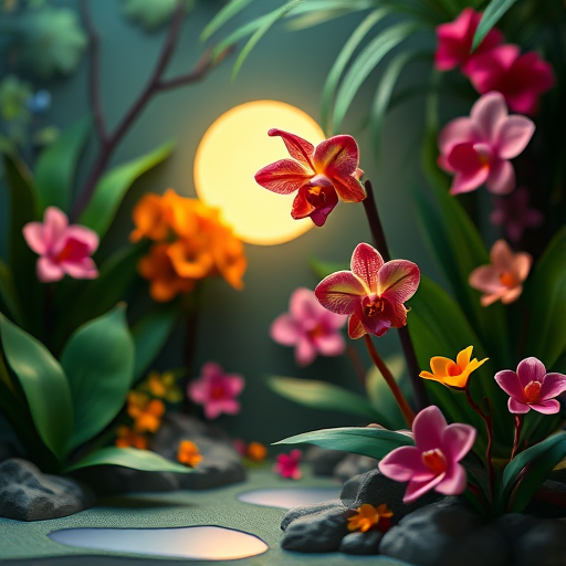 Create a vibrant 3D paper art scene featuring various orchids and tropical plants in a lush garden setting illuminated by a soft moonlight glow, shot with a Canon EOS R5, 50mm lens at f/1.8, ISO 100, 1/125s, with a shallow depth of field for enhanced detail and texture.