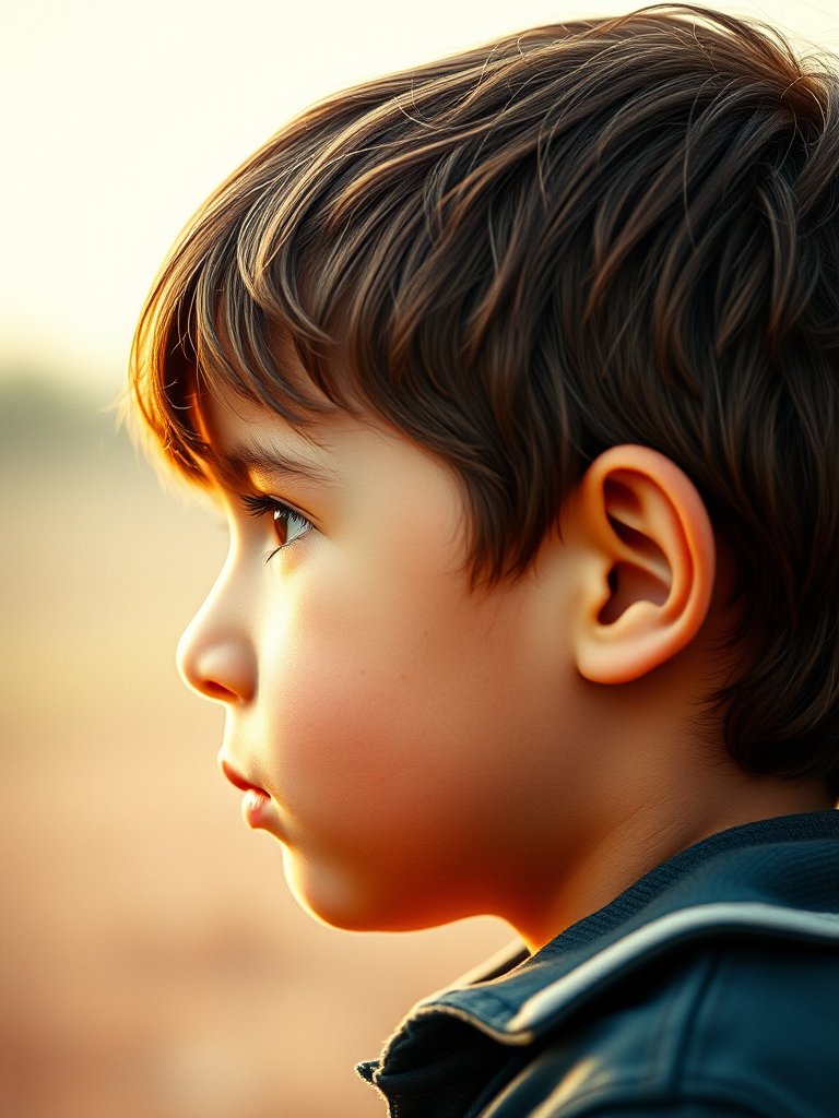 Create an image of a young boy in profile view, capturing textured details of his face and hair with a vintage film style, using a DSLR camera, 50mm lens, aperture f/1.8, ISO 100, and a warm color palette.