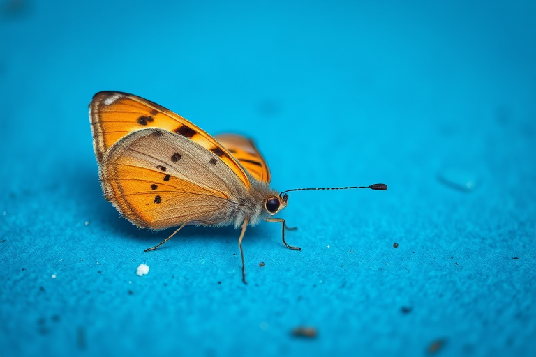 butterfly on a textured blue background, soft focus, macro lens, f/2.8 aperture, 1/200s shutter speed, ISO 100, natural light setting, DSLR camera