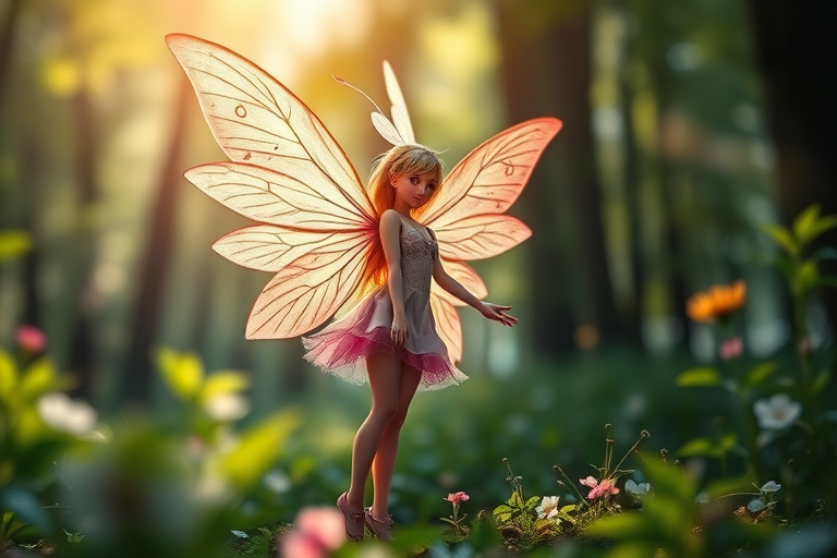 A mystical fairy with delicate wings, standing gracefully in a lush forest, soft focus, vibrant colors, natural lighting, DSLR camera, 50mm lens, aperture f/2.8, ISO 200, shutter speed 1/100, depth of field effect.