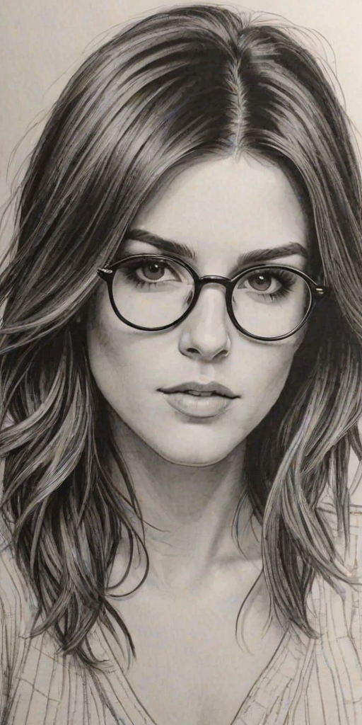Dazzling Shenae Grimes, pencil sketch, portrait of Comely woman 1928s in glasses, hair style beatnik, outline, clear lines, fine lines, 8k