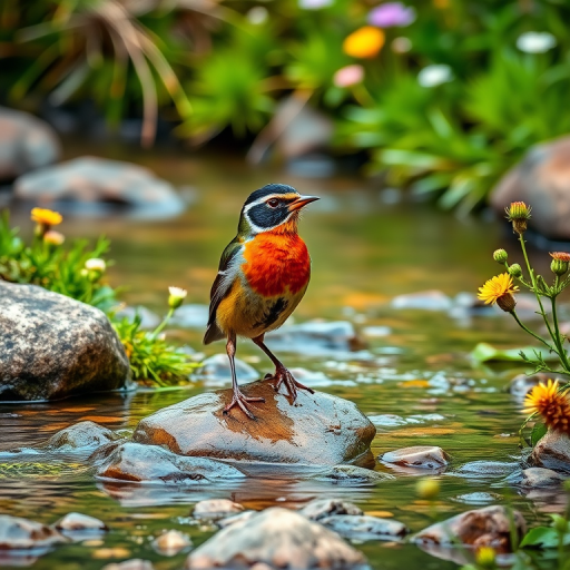 A colorful bird standing on rocks in a clear stream surrounded by greenery and wildflowers, captured with a DSLR camera, aperture f/5.6, shutter speed 1/250s, ISO 200, macro lens, natural light, shallow depth of field, focusing on the bird with a blurred background.
