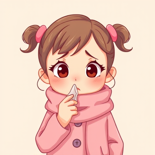 Create a cute illustration of a young girl with a worried expression, wearing a pink coat and scarf, holding a tissue, in a light and cheerful style, captured with a Canon EOS 5D Mark IV, 50mm lens, f/1.8 aperture, ISO 100, natural light, high resolution.
