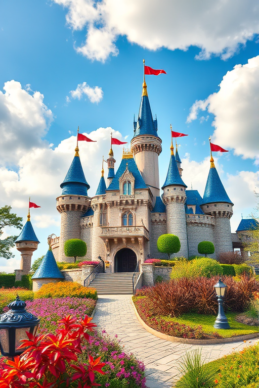 Create a vibrant illustration of a whimsical castle with blue roofs and flags, surrounded by colorful plants under a partly cloudy sky, using a Canon EOS R5 camera, 50mm lens, aperture set to f/8, ISO 100, and a soft focus style for enhanced quality.