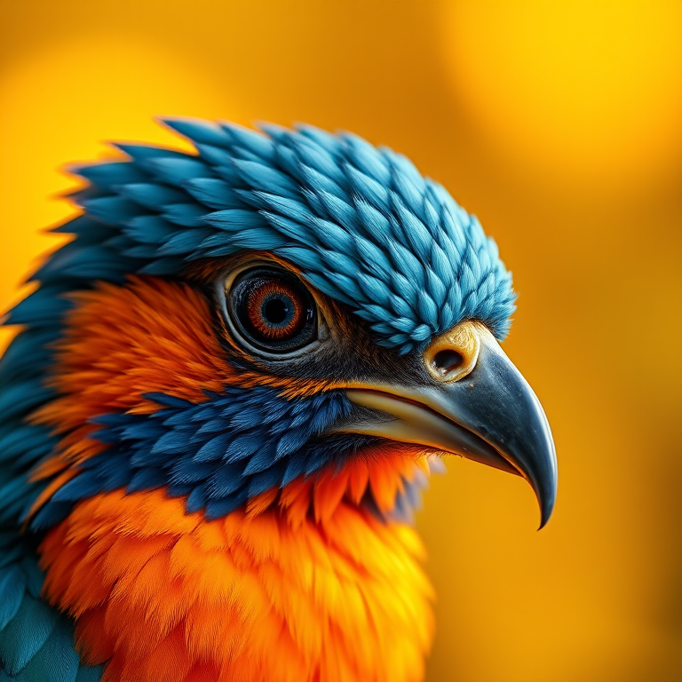 Create a high-resolution close-up image of a mythical bird with vibrant blue and orange feathers, sharp eye details, and a blurred golden background using a Canon EOS R5, 85mm f/1.4 lens, aperture f/2.8, ISO 100, and a soft bokeh effect.