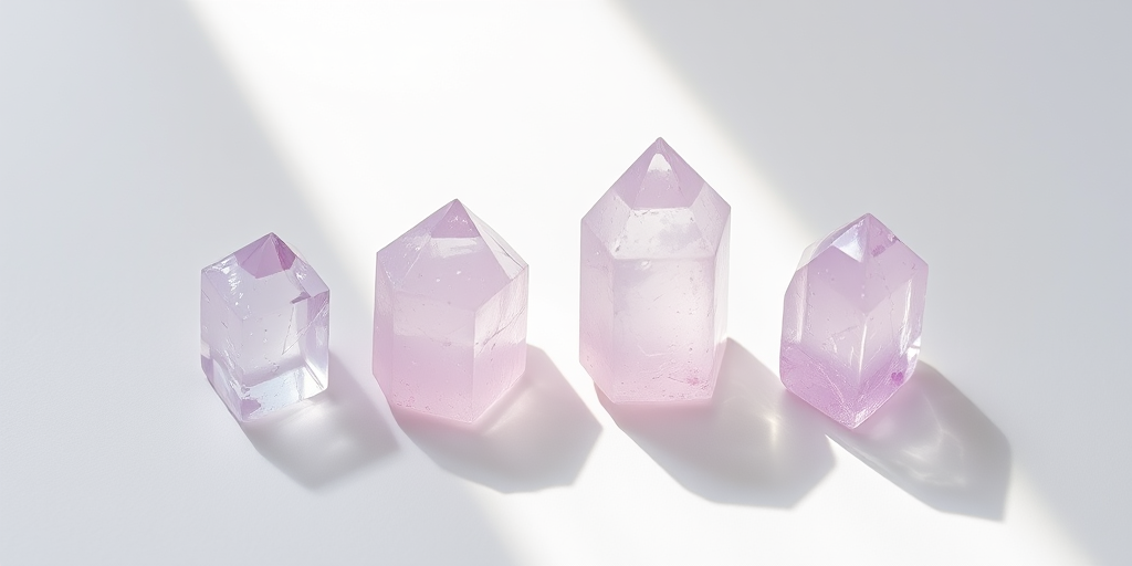 Create a high-resolution image of four lavender quartz crystals arranged aesthetically on a smooth white surface, using a macro lens, f/2.8 aperture, 50mm focal length, 1/250 sec shutter speed, natural soft lighting from the side, captured with a DSLR camera.