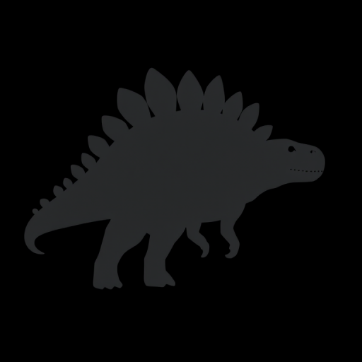 Create a high-resolution image of a stylized gray stegosaurus silhouette on a solid black background, using a 50mm lens with an aperture of f/2.8, shot from a low angle, with a soft focus effect to enhance the details and depth of field.