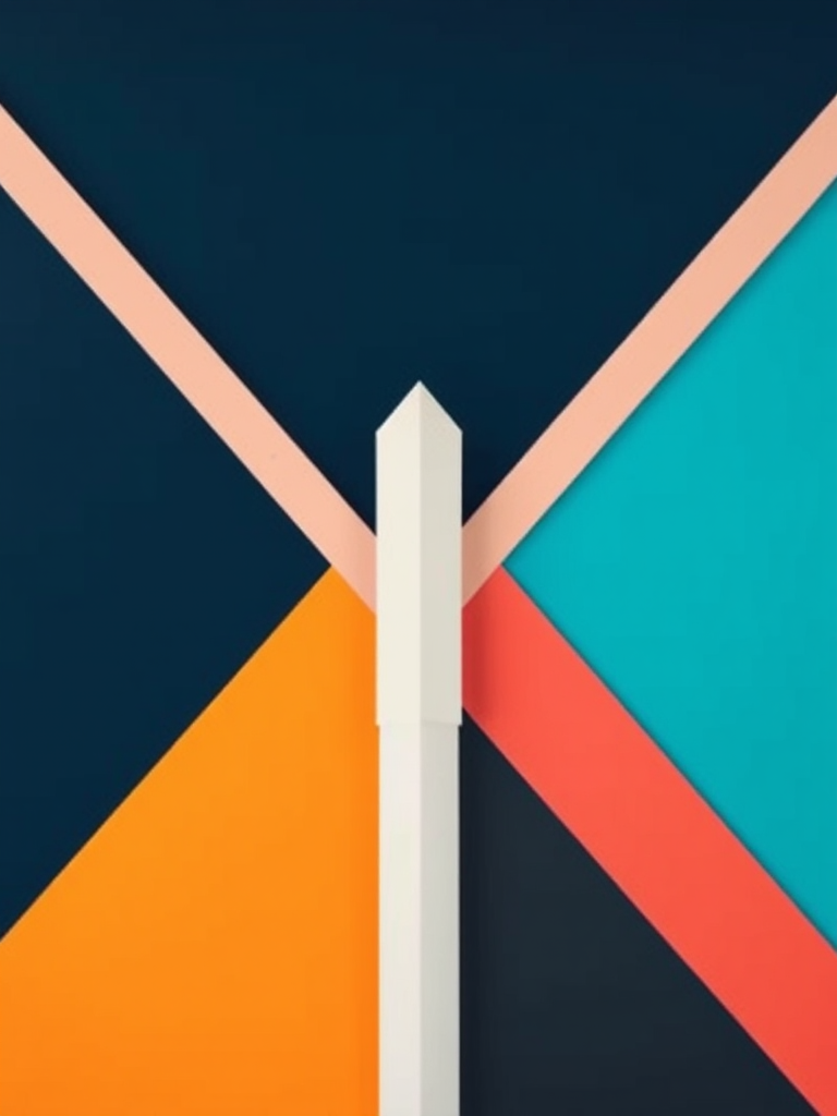Create an abstract geometric design featuring sharp lines and contrasting colors in a dynamic composition, captured using a DSLR camera with a 50mm lens at f/1.8, ISO 100, and a shutter speed of 1/200 sec, from a top-down view.